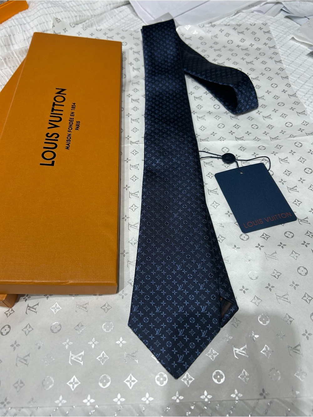 Louis Vuitton Men's Dark Blue Monogram Silk Tie